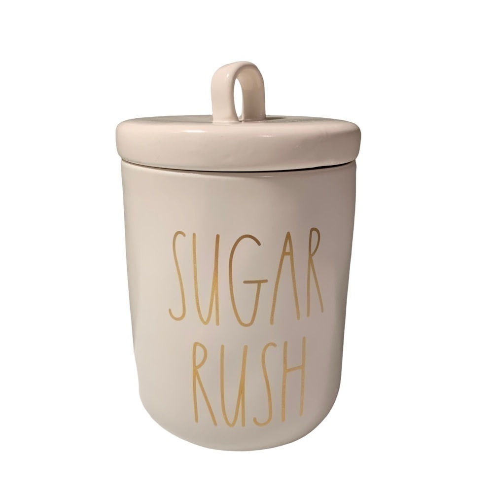 RAE DUNN Magenta Gold Letters "SUGAR RUSH" Ceramic Farmhouse Kitchen Canister